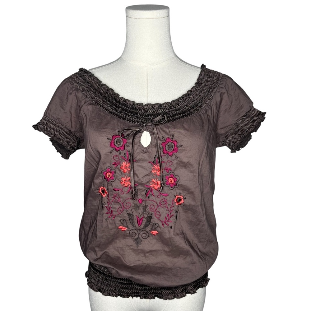 Y2K Vintage Chocolate Brown Embroidered Keyhole Short Sleeve Peasant Top